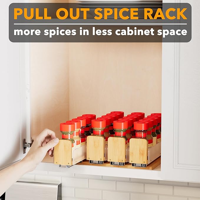 SpaceAid Bamboo Pull Out Spice Rack Organizer for Cabinet, Heavy Duty Slide Out Seasoning Kitchen Pantry Sliding Vertical Organization, 10.1" Wide, 4 Drawers(2" Wide), 1-Tier, Natural - Image 5
