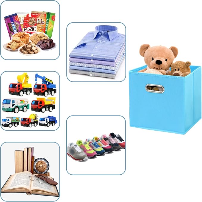 Black Fabric Cubby Storage Bins,13x13x13 Inches ,Cube Organizer Bin Foldable Storage Boxes with Dual Handles Fabric Organizer Box and collapsible Storage basket,Set of 3,Blue - Image 3