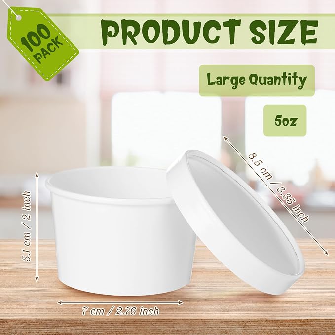 Fulmoon 100 Pack Paper Soup Containers with Lids Disposable Paper Food Containers with Vented Lid Kraft Ice Cream Cake Dessert Cups Soup Bowl for Party Hot Food Fruit Microwave(5 oz,White) - Image 2