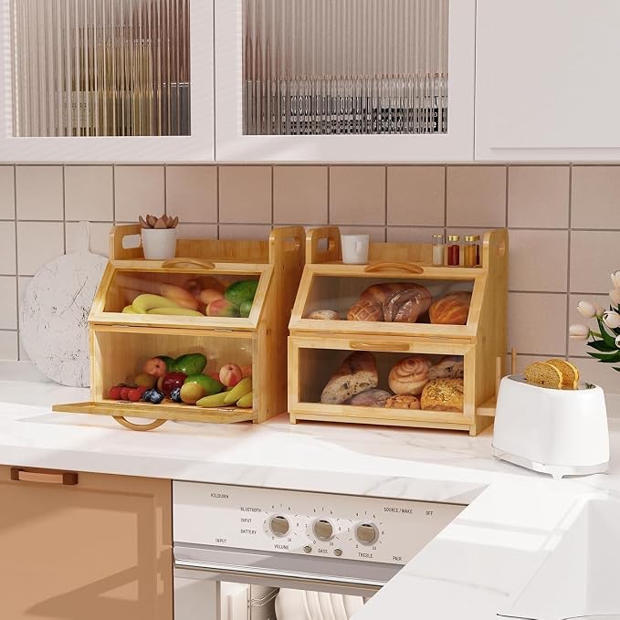 BAMBANG Bread Box for Kitchen Countertop, Extra Large Double Layer Bamboo Breadbox with Clear Window, Farmhouse Wooden Bread Storage Container for Homemade Bread, Knife & Cutting Board Holder, Natural - Image 7