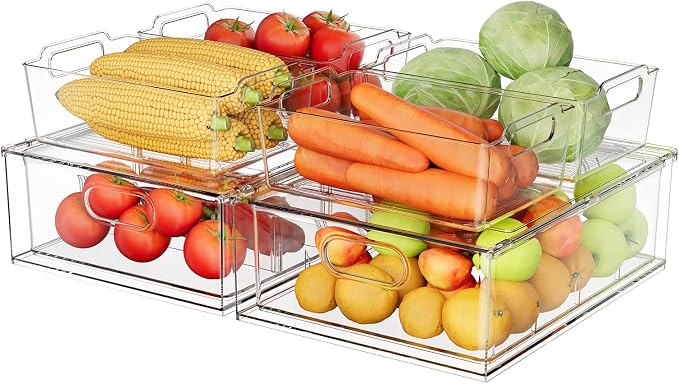 Refrigerator Organizer Bins with Pull-out Drawer 6 Pack Stackable Clear Fridge Drawer Organizer Fruit Vegetable Storage Containers for Kitchen Pantry Organization (2 Large+4 Medium) by GREENBY