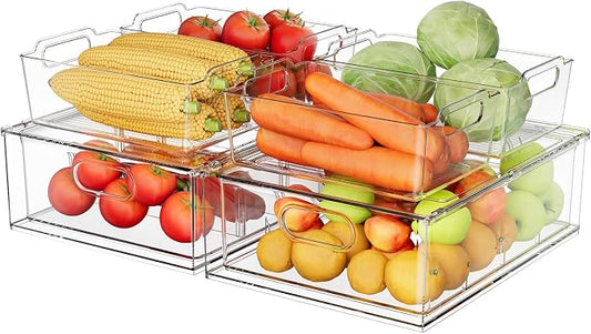 Refrigerator Organizer Bins with Pull-out Drawer 6 Pack Stackable Clear Fridge Drawer Organizer Fruit Vegetable Storage Containers for Kitchen Pantry Organization (2 Large+4 Medium) by GREENBY