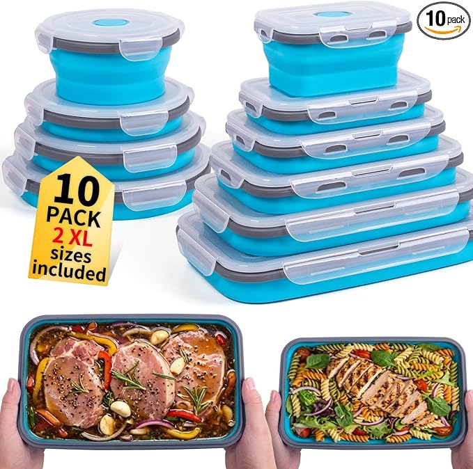 Collapsible Food Storage Containers with Lids 10 Pack(81oz/58oz Extra Large Included), 6 Rectangular+4 Round, Annaklin Silicone Collapsible Food Containers Sets Microwave Freezer Dishwasher Safe, Blue by Annaklin