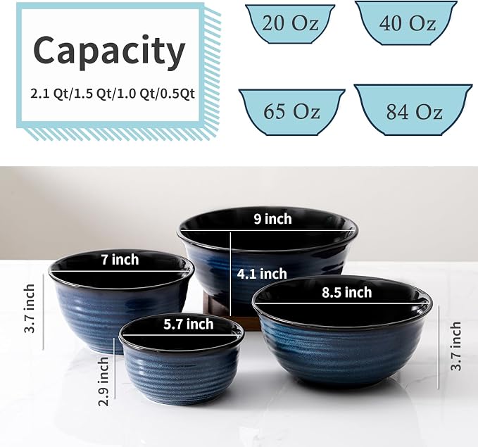 HASENSE Mixing Bowls for Cooking, Baking, Ceramic Serving Dishes Set of 4 for Salad, Fruits, Popcorn, Versatile Nesting Bowls for Housewarming Gift, 2.1/1.5/1.0/0.5 Qt, Dishwasher & Microwave Safe - Image 5