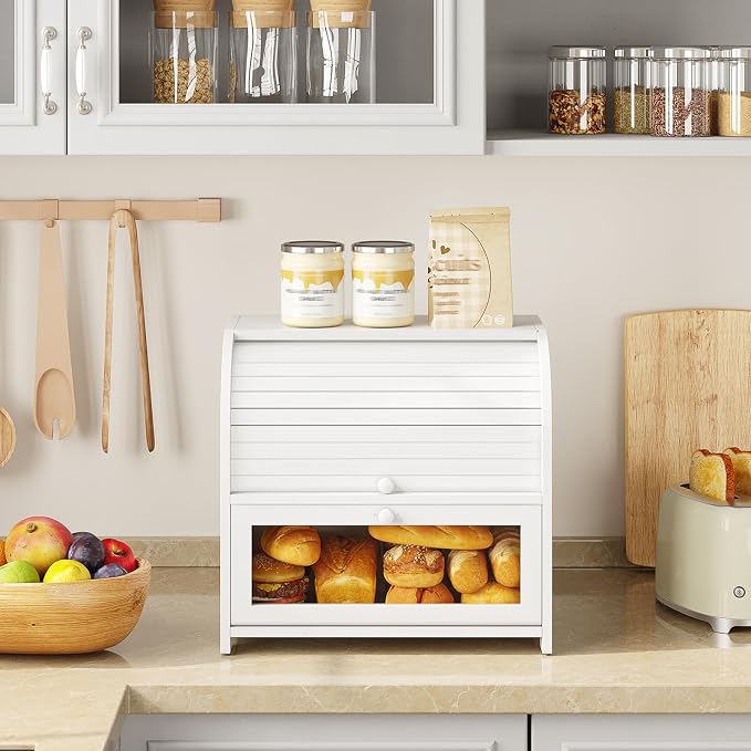 HOOBRO Bread Box, Bamboo Bread Box for Kitchen Countertop, 2 Tier Roll-Top Bread Bin, Food Storage Box, Large Capacity Keeper, Wooden Storage Cabinet, for Kitchen, Dining Room, White WT13MB01 - Image 2