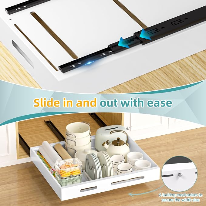 HBL' 2 Pack | 21" Deep Pull Out Cabinet Organizer Adhesive, (13.8" to 22.0") Width Expandable Sturdy Carbon Steel Roll-Out Drawers, Designed for Frameless Cabinets, Slide-Out Shelves for Pantry. - Image 4