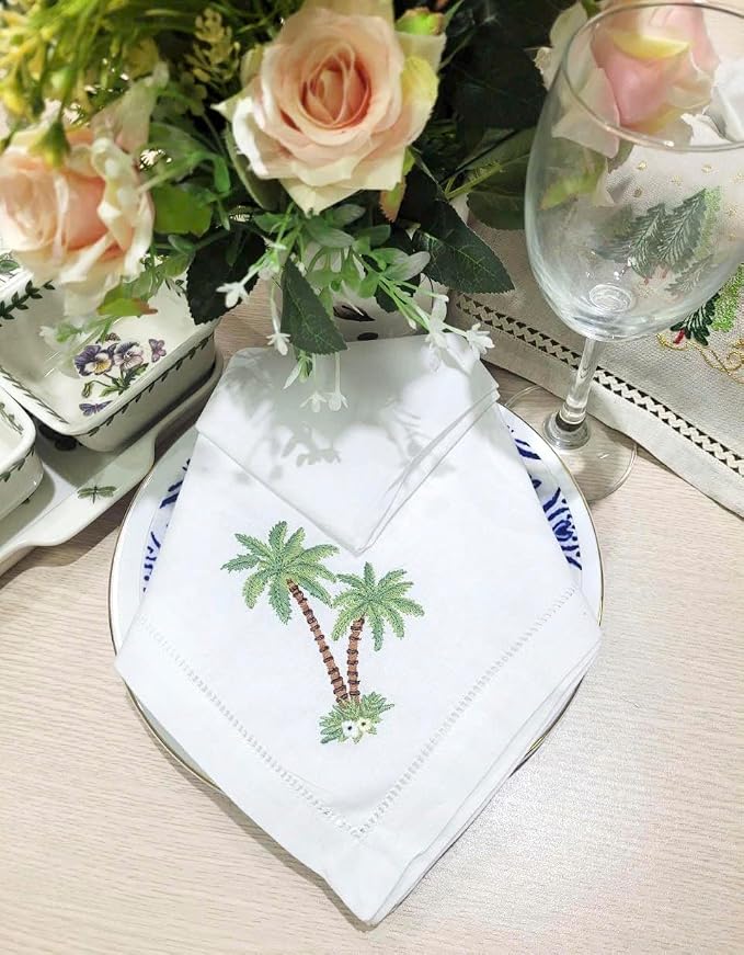 Embroidered Cloth Napkin Palm Tree Cotton Napkins Set of 6, 20 x 20 Hemstitch Table Napkins, Machine Washable, for Daily & Holiday Dining, Great Gift Ideas - Image 3