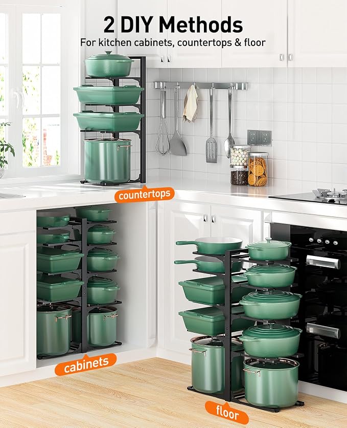 Pots and Pans Organizer Under Cabinet 23.6" 10-Tier Adjustable Black | 2 DIY Modes, Tool-Free Assembly, Max 150 Lbs, Fits Large Stockpots, Cast Iron Pans & Heavy Cookware, For Kitchen Cabinets - Image 4