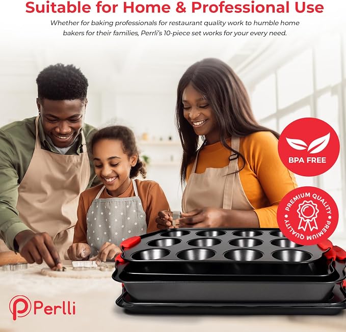 Non-Stick 10-Piece Baking Pan Set, BPA-Free Carbon Steel Bakeware Set with Silicone Handles, Stackable Kitchen Oven Set, Cookie Sheet, Baking Tray, Baking Sheet Set, Oven Safe (446°F) - Image 5