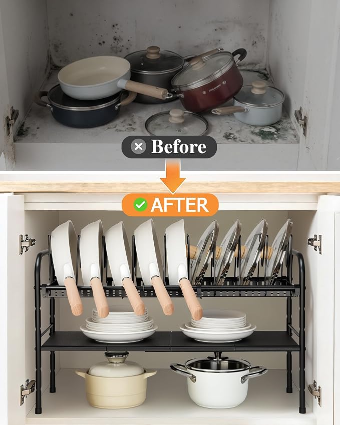 HULISEN Pots and Pans Organizer Under Cabinet, 2-Tier Expandable Pot Rack | 10 Dividers for Lid Separation, 5-Level Adjustable Height, Kitchen Cookware Pan Holder Shelf, Carbon Steel Frame - Image 3