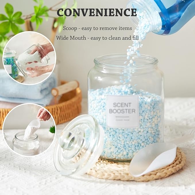 FyndraX Laundry Glass Jars with Dryer Sheets Holder, Containers with Scoop and Labels for Laundry Room Organization and Storage Detergents Pods or Powder, Scent Booster Beads, Set of 3 - Image 7