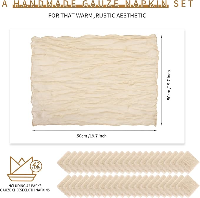 42 Packs Gauze Cheesecloth Napkins 20 x 20 Inch Beige Wrinkled Dinner Napkins, Light Brown Rustic Boho Soft Cloth Napkin for Wedding Party Event Dinner Table Decoration - Image 2