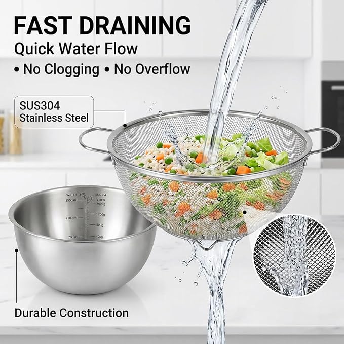 18/8 Stainless Steel Fine Mesh Colander Set, 3.5Qt | Includes 1 mixing bowl with built-in measurement marks and 1 fine 20-mesh strainer for rinsing, mixing, and draining. - Image 7