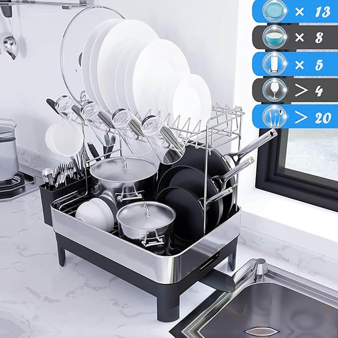 2-Tier Stainless Steel Dish Drying Rack with Drainboard – Large Kitchen Counter Organizer, Includes Utensil, Cup & Cutting Board Holders - Image 2
