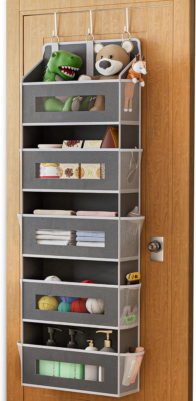 5 Tier Over The Door Organizer - Large Capacity Behind Door Hanging Shelves with 10 Mesh Pockets and Clear Windows, Closet Organizers and Storage for Bathroom, Bedroom, Nursery, Grey by Unknown