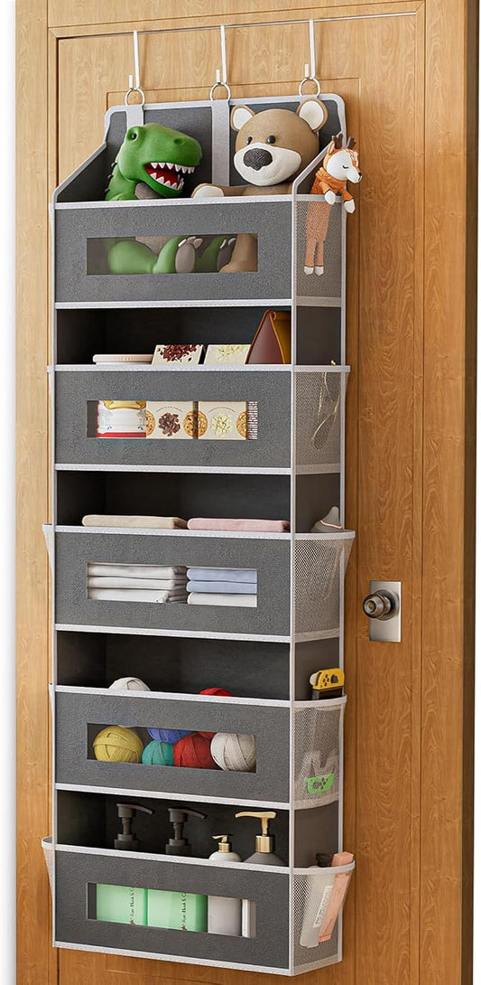 5 Tier Over The Door Organizer - Large Capacity Behind Door Hanging Shelves with 10 Mesh Pockets and Clear Windows, Closet Organizers and Storage for Bathroom, Bedroom, Nursery, Grey by Unknown