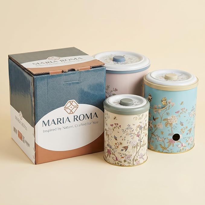 MARIA ROMA Metal Potato and Onion Storage Bin Set of 3 with Garlic Keeper - Vintage Metal Kitchen Canisters, Vegetable Storage Containers - Farmhouse Rustic Pantry Organization - Image 9