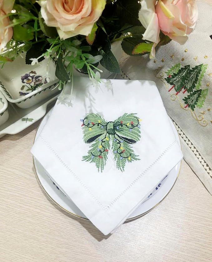Embroidered Cloth Napkin Green Bow Christmas Cotton Napkins Set of 6, 20 x 20 Hemstitch Table Napkins, Machine Washable, for Daily & Holiday Dining, Great Gift Ideas - Image 7