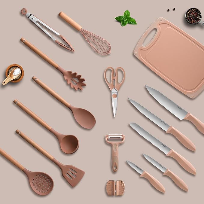 Utensil Sets,18-Piece Silicone Cooking Utensils and Knife Set,Mousse | Dishwasher-Safe Kitchen Utensils,Large Capacity Countertop Organizer for Knives,Utensils,Cutting Board - Image 3