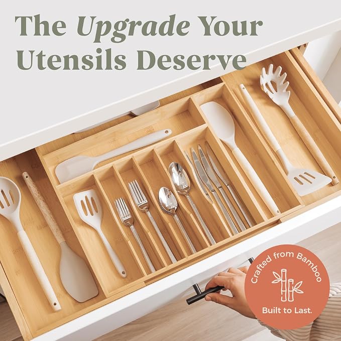Silverware & Utensil Drawer Organizer, 18-33 in, Bamboo | Cutlery, flatware, food-safe contract grade, kitchen drawer fit - Image 2