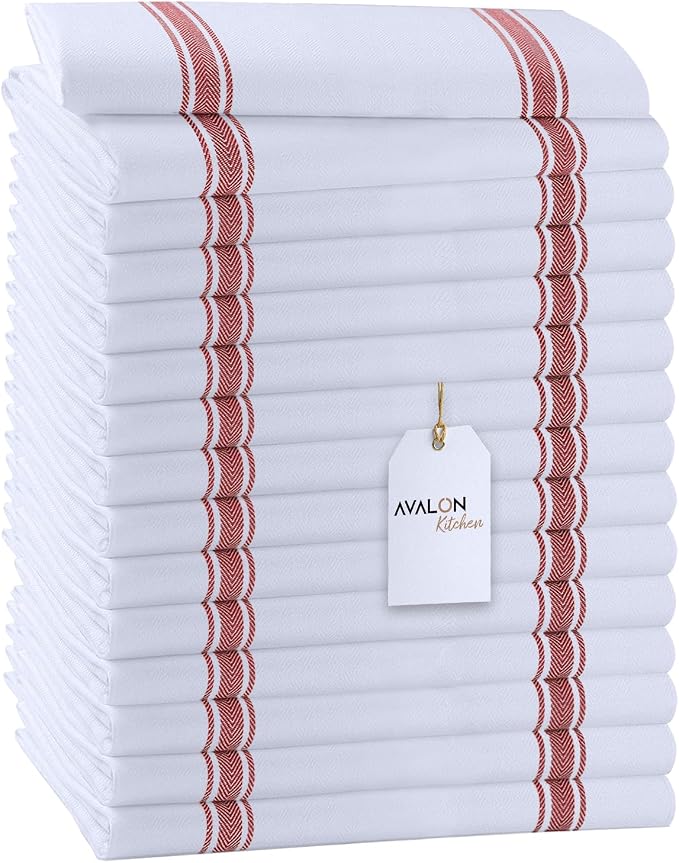 Dish Towels 15 Pack Red Stripe 100% Cotton Kitchen Towel 15x25 Inch Tea Towels, Dish Cloths for Washing Dishes, Kitchen Rags for Drying Dishes by Avalon+Kitchen