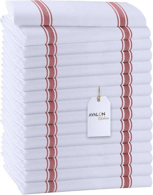 Dish Towels 15 Pack Red Stripe 100% Cotton Kitchen Towel 15x25 Inch Tea Towels, Dish Cloths for Washing Dishes, Kitchen Rags for Drying Dishes by Avalon+Kitchen
