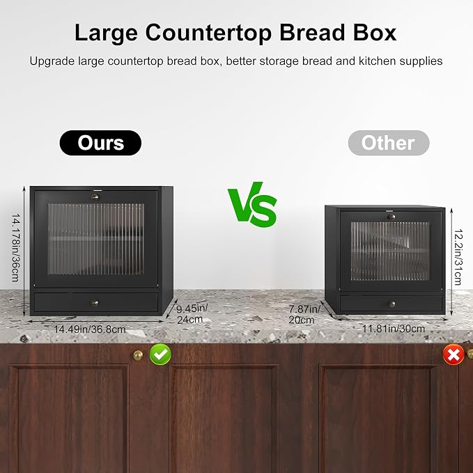 Alpeir Wooden Bread Box for Kitchen Countertop, Large Capacity with Ventilation Holes Adjustable Tiered-Shelf, Vintage Farmhouse Breadbox with Drawer & Window, Longer Freshness, Black - Image 3