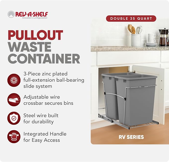 Rev-A-Shelf Double Pullout Garbage Trash Cans for Kitchen Cabinets, 35 Qt | Large Capacity Waste/ Recycling Bins, Heavy Gauge Wire Construction, with Full Extension Slides, Silver, RV-18KD-17C S - Image 2