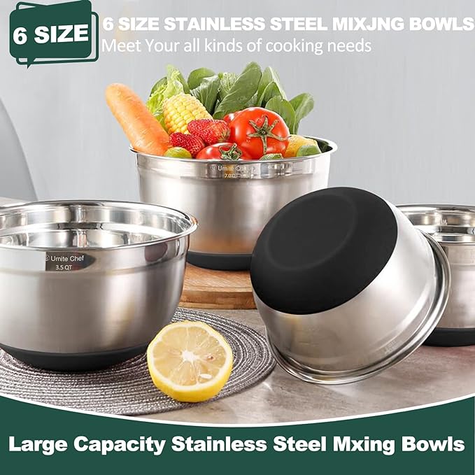 Umite Chef Mixing Bowls with Airtight Lids，6 piece Stainless Steel Metal Nesting Storage Bowls, Non-Slip Bottoms Size 7, 3.5, 2.5, 2.0,1.5, 1QT, Great for Mixing & Serving(Black) - Image 5