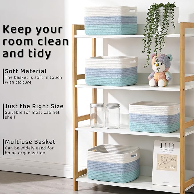 4 Pack Storage Baskets for Organizing, 11''Lx9''Wx8''H Woven Baskets for Storage Toys, Towels, Books, and Clothes, Cotton Rope Basket for Shelves with Handle - Image 5