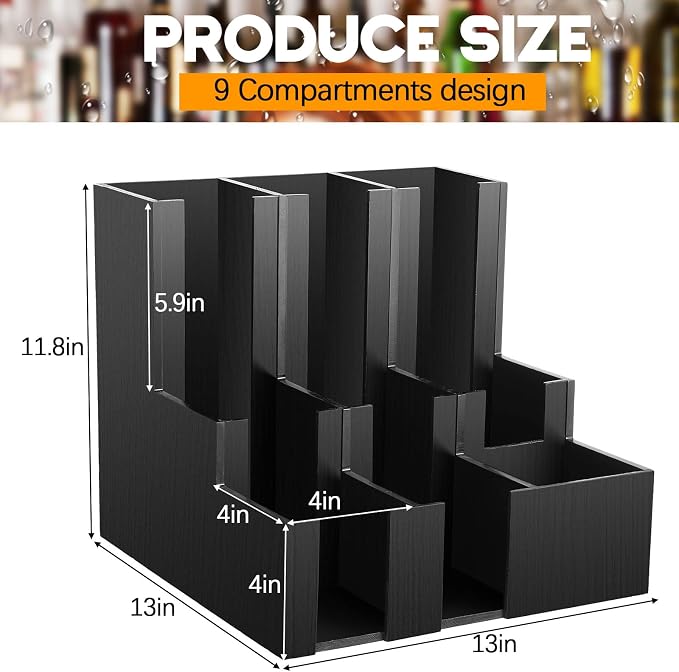 CroBlissful Wooden Vertical Coffee cup and lid dispenser, coffee condiment organizer, 9 Compartment for Disposable Paper & Plastic Cup, for cabinet Station Home Countertop Bar 13''l x 13''w x 12''h - Image 2