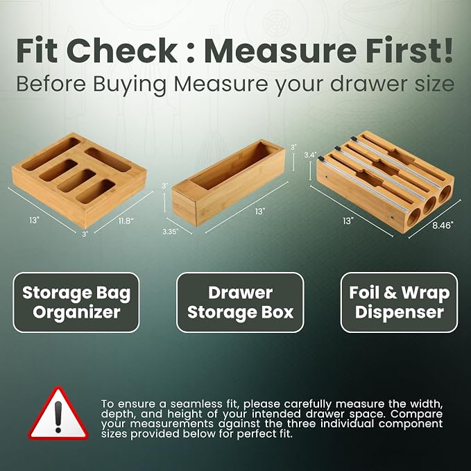 9 IN 1 Storage Bag Organizer for Kitchen Drawer - Wall Mounted | Bamboo Foil and Plastic Wrap with Cutter, Ziplock Bag Organizer for Gallon, Sandwich & Snack Bags - Aluminum Foil Organizer - Image 3
