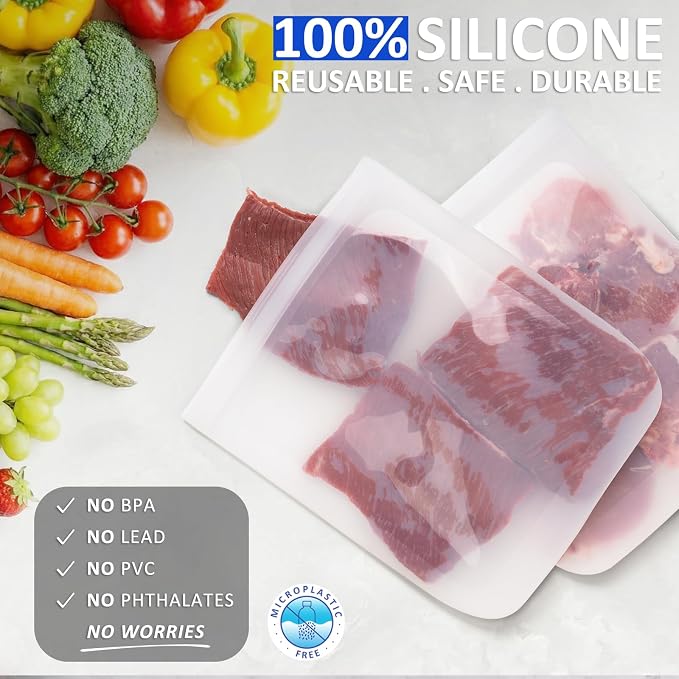100% Silicone Flat Gallon Freezer Bags, 4 Pack Extra Large Reusable Silicone Ziplock Bags Gallon Size for Freezer, Double Zipper Seal, BPA & Microplastic Free, Freezer Microwave Sous Vide Safe, Clear - Image 2