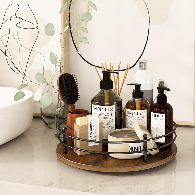 12" Lazy Susan Turntable Organizer,Round Wooden Lazy Susan Organization and Rotating Spice Rack for Dining Table,Pantry,Kitchen Countertop,Vanity,Cupboard and More. (Heightened Version,Round) - Image 6