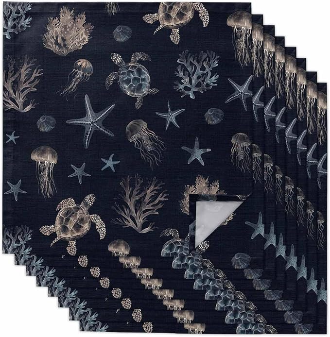 Ocean Turtle Cloth Napkins Set of 8 - Nautical Coastal Coral Starfish Jellyfish Black Washable Dinner Napkins Reusable Table Napkins for Party Weeding Dining Table Setting Decoration,Oversized 20"x20" by Unknown