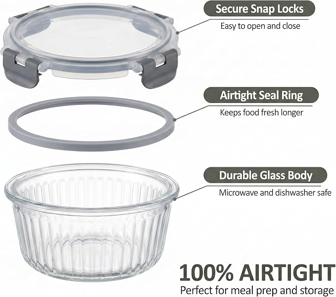 Glass Food Storage Containers with Lids, 12 Piece Glass Meal Prep Containers Set, Airtight Leakproof Snap Lock Lids, BPA-Free, Freezer Microwave Oven Dishwasher Safe, Ribbed Glass Containers - Image 4