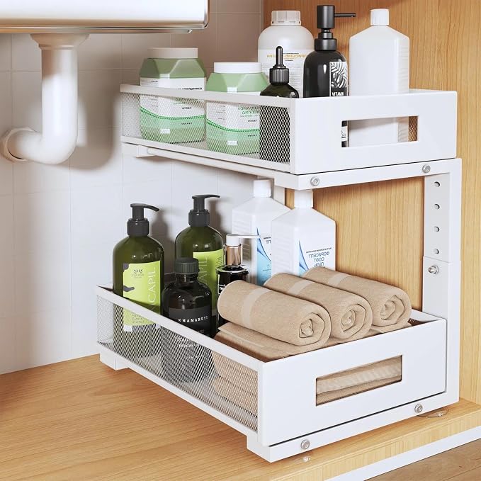 Under Sink Organizer, 2-Tier Dual Pull Out Cabinet Organizer Drawers With Smooth Circular Rail, Large Capacity Metal Mesh Sliding Shelves For Bathroom& Kitchen Storage,Height Adjustable–White,1 Pack by UnderSinkOrganizer