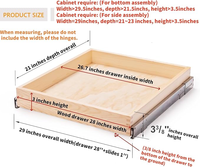29”W x 21”D x 3”H Soft Close Slide Out Wood Drawer Organizer for Kitchen, (Cabinet Opening>29.5 inches for Bottom Assembly, Width= 29 inches for Side Assembly) - Image 3
