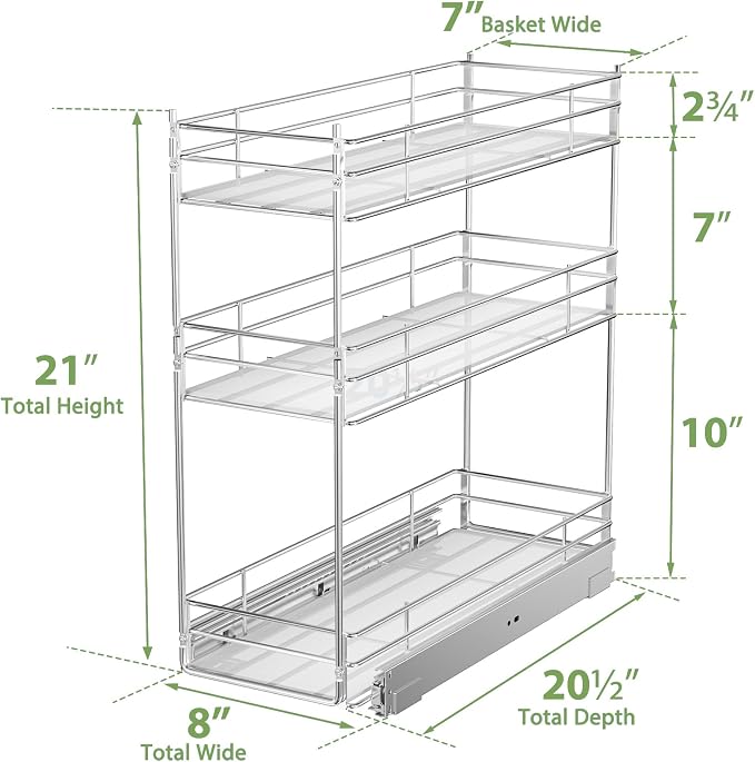 Pull Out Spice Rack Cabinet Organizer (8" W X 20½" D),3 Tier Slide Out Drawer for Narrow Cabinet, Pull Out Shelves Under Cabinet Storage for Kitchen - Image 3
