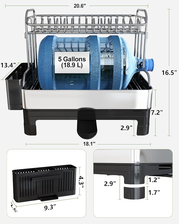 2 Tier Large Stainless Steel Dish Drying Rack with Drain Board | Space Saving, Rust Proof Metal, Automatic Drainage Drainer for Kitchen Counter, Modern Black and Silver for Pots and Pans - Image 2