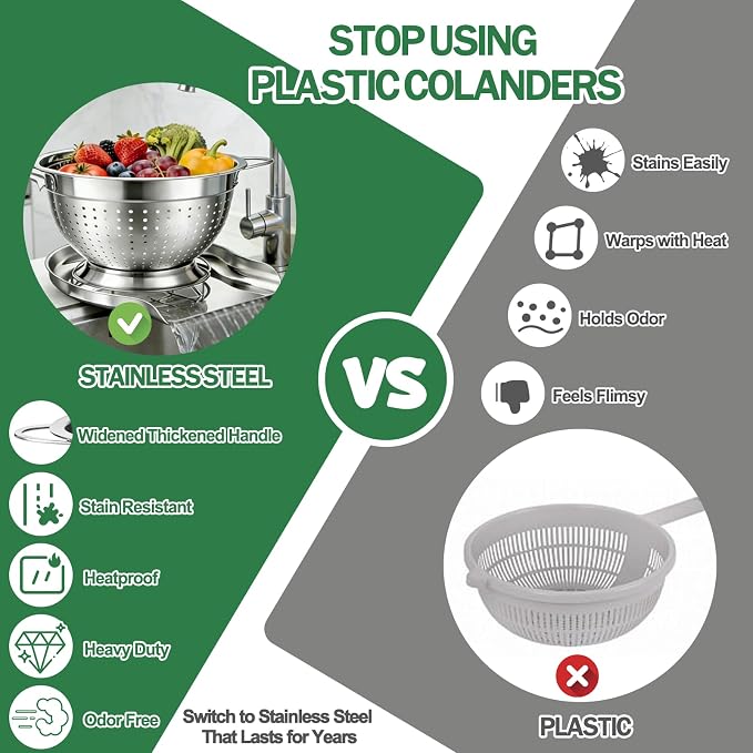 Strainers and Colanders for Kitchen, 3-Piece Stainless Steel Set Pasta and Rice Strainer with Handles, Raised Draining Base for Easy Counter Use (7”, 9”, 11”) - Image 6