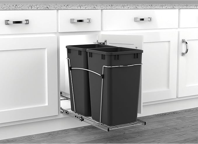 Rev-A-Shelf Double 27 Qt Pullout Trash Can for Base Kitchen Cabinets, Garbage Waste Bin System with Full Extension Slides, Min Opening Width of 11.5", Black, RV-15KD-18C S - Image 6