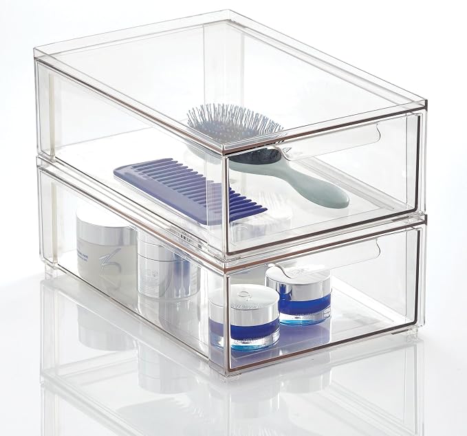 mDesign Plastic Stackable Bathroom Storage Organizer Bin with Pull Out Drawer for Cabinet, Vanity, Shelf, Cupboard, Cabinet, or Closet Organization - Lumiere Collection - 8 Pack - (Clear, 8 x 12 x 4) - Image 8