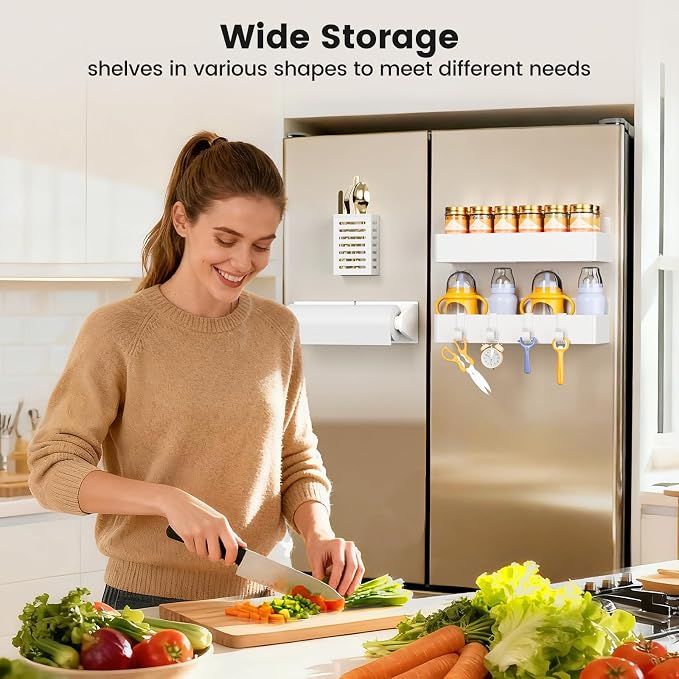 Mystozer Magnetic Spice Rack for Refrigerator,2 Pack Magnetic Shelf and 1Pack Paper Towel Holder and 1 Pack Utensils Rack,Fridge Organizers and Storage White(4 Pack) - Image 7