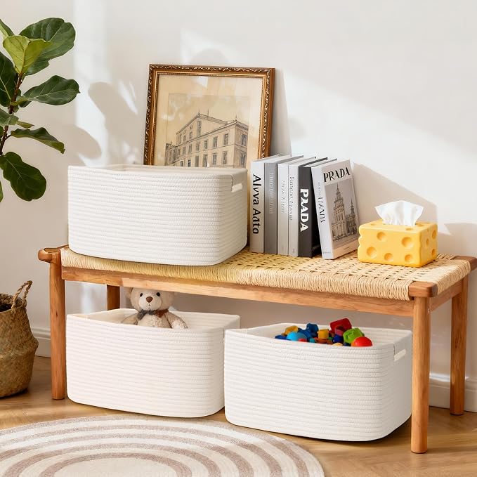 4 Pack Large Storage Basket for Organizing, 17.5"x13"x7" Woven Basket for Shelves, Closet Cube Storage Bins with Wrapped Handle, Cotton Rope Baskets for Kitchen, Clothes, Toys(Off White) - Image 2