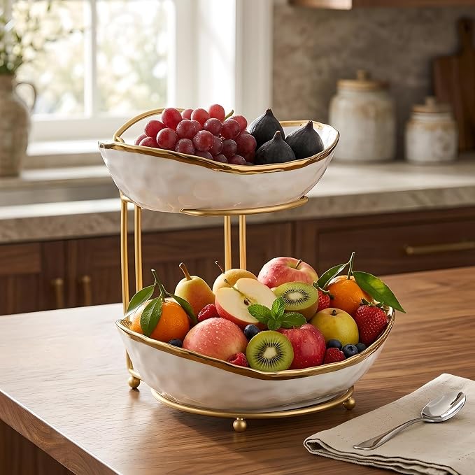 XUDREZ 2 Tier/ 3 Tier Fruit Bowl with Metal Stand for Kitchen Counter, Ceramic Gold Silver White, Portable Tiered Fruit Basket Fruit Rack for Nuts, Snacks, Bread, Candy Storage (White A, 2 Tier) - Image 4