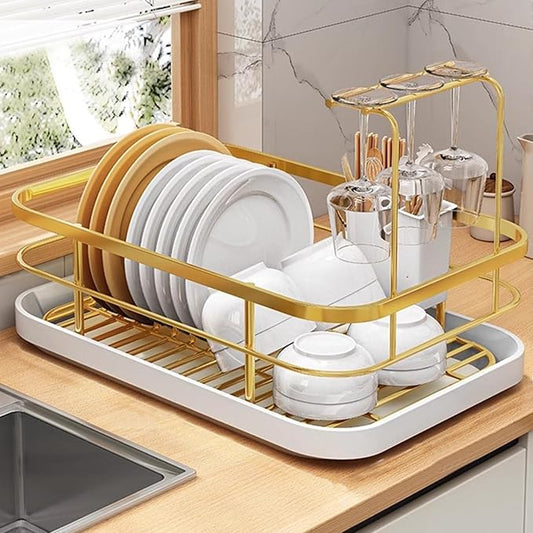 Kitchen Counter Dish Drying Rack,Stainless Steel Dishes Drainer with Utensil Holder,Space-Saving Dish Rack,Removable Plastic Drainer Tray for Dishes, Knives, Spoons (Gold,Has Cup Holder) by SINGID