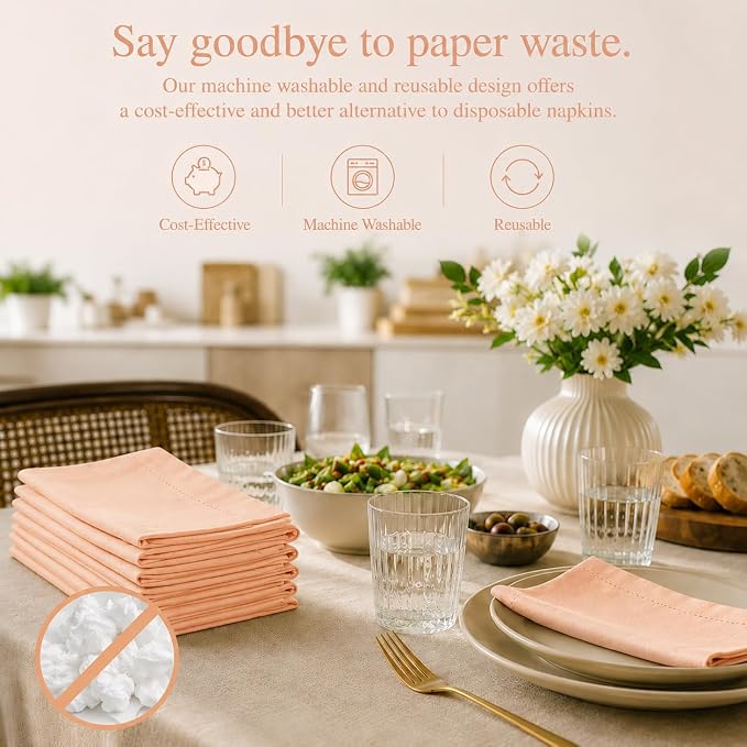 Cotton Cloth Napkins Set of 12, 18x18 Cotton Napkin Cloth Washable, Soft, Reusable Napkins for Wedding, Parties, Christmas, Thanksgiving, Everyday Use (Petal Peach) - ALPHA Living HOME - Image 3