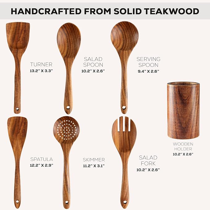 Zulay Kitchen 7-Piece Wooden Cooking Spoons Set – Heat-Resistant, Smooth Teak Utensils with Comfort Grip – Lightweight & Durable – Easy to Clean, Perfect for Non-Stick Cookware - Image 3