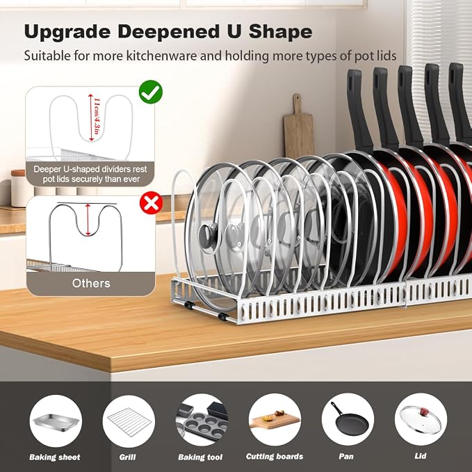 Housolution 2 Pack Pot and Pan Lid Organizer Holder Storage Rack, White | 12"-23" Expandable, 14 Adjustable Dividers, Sturdy Metal Construction, Easy Assembly - Image 2